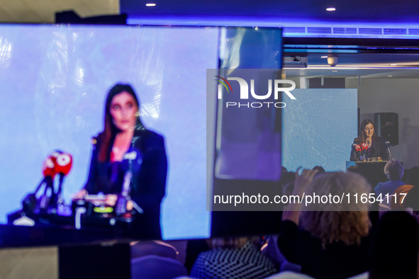 Deputy Minister of Shipping Marina Hadjimanolis gives her speech during the conference in Limassol, Cyprus, on October 10, 2024. The Wista I...