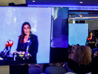 Deputy Minister of Shipping Marina Hadjimanolis gives her speech during the conference in Limassol, Cyprus, on October 10, 2024. The Wista I...