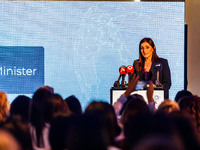 Deputy Minister of Shipping Marina Hadjimanolis gives her speech during the conference in Limassol, Cyprus, on October 10, 2024. The Wista I...