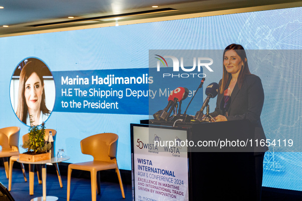 Deputy Minister of Shipping Marina Hadjimanolis gives her speech during the conference in Limassol, Cyprus, on October 10, 2024. The Wista I...