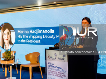 Deputy Minister of Shipping Marina Hadjimanolis gives her speech during the conference in Limassol, Cyprus, on October 10, 2024. The Wista I...