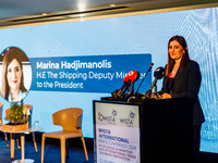 Deputy Minister of Shipping Marina Hadjimanolis gives her speech during the conference in Limassol, Cyprus, on October 10, 2024. The Wista I...