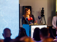 Deputy Minister of Shipping Marina Hadjimanolis gives her speech during the conference in Limassol, Cyprus, on October 10, 2024. The Wista I...