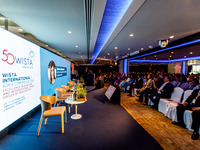 Deputy Minister of Shipping Marina Hadjimanolis gives her speech during the conference in Limassol, Cyprus, on October 10, 2024. The Wista I...