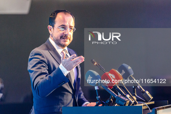 President of Cyprus Nikos Christodoulides gives his speech during the conference in Limassol, Cyprus, on October 10, 2024. The Wista Interna...