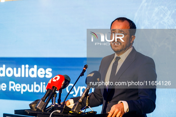 President of Cyprus Nikos Christodoulides gives his speech during the conference in Limassol, Cyprus, on October 10, 2024. The Wista Interna...