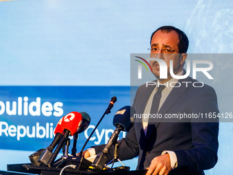 President of Cyprus Nikos Christodoulides gives his speech during the conference in Limassol, Cyprus, on October 10, 2024. The Wista Interna...