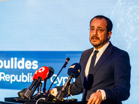 President of Cyprus Nikos Christodoulides gives his speech during the conference in Limassol, Cyprus, on October 10, 2024. The Wista Interna...