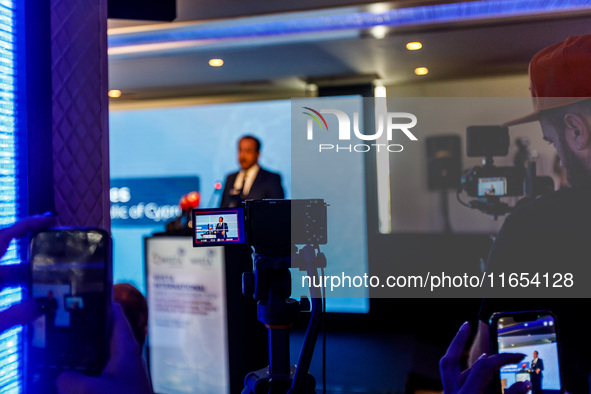 President of Cyprus Nikos Christodoulides gives his speech during the conference in Limassol, Cyprus, on October 10, 2024. The Wista Interna...