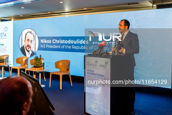 President of Cyprus Nikos Christodoulides gives his speech during the conference in Limassol, Cyprus, on October 10, 2024. The Wista Interna...