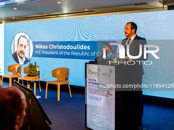 President of Cyprus Nikos Christodoulides gives his speech during the conference in Limassol, Cyprus, on October 10, 2024. The Wista Interna...