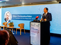 President of Cyprus Nikos Christodoulides gives his speech during the conference in Limassol, Cyprus, on October 10, 2024. The Wista Interna...