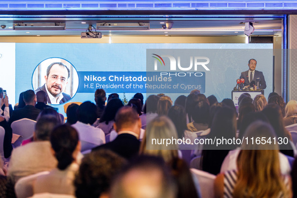 President of Cyprus Nikos Christodoulides gives his speech during the conference in Limassol, Cyprus, on October 10, 2024. The Wista Interna...