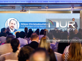 President of Cyprus Nikos Christodoulides gives his speech during the conference in Limassol, Cyprus, on October 10, 2024. The Wista Interna...