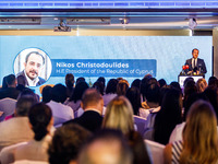 President of Cyprus Nikos Christodoulides gives his speech during the conference in Limassol, Cyprus, on October 10, 2024. The Wista Interna...