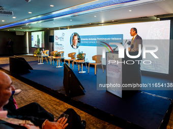 IMO Secretary-General Arsenio Dominguez gives his speech during the conference in Limassol, Cyprus, on October 10, 2024. The Wista Internati...