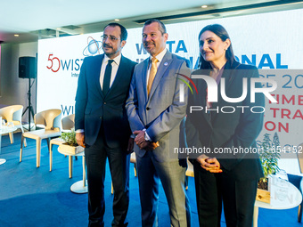 A group photo shows IMO Secretary-General Arsenio Dominguez (center), President of Cyprus Nikos Christodoulides (left), and Deputy Minister...