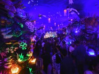 Devotees throng at a community 'puja pandal' themed on 'under the sea' during the Durga Puja festival in the Nagaon district of Assam, India...