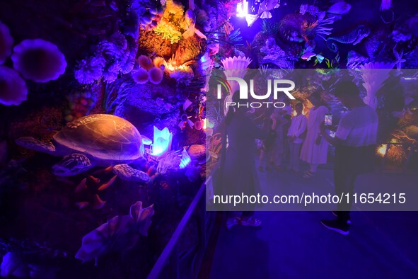 Devotees throng at a community 'puja pandal' themed on 'under the sea' during the Durga Puja festival in the Nagaon district of Assam, India...