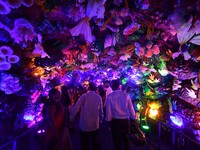 Devotees throng at a community 'puja pandal' themed on 'under the sea' during the Durga Puja festival in the Nagaon district of Assam, India...