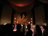 People visit a ''pandal'' or temporary platform during the Durga Puja festival in Kolkata, India, on October 10, 2024. The annual Durga Puja...