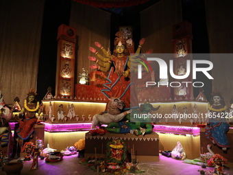 A Hindu goddess Durga is pictured inside a ''pandal'' or temporary platform during the Durga Puja festival in Kolkata, India, on October 10,...