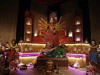 A Hindu goddess Durga is pictured inside a ''pandal'' or temporary platform during the Durga Puja festival in Kolkata, India, on October 10,...