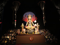 A Hindu goddess Durga is pictured inside a ''pandal'' or temporary platform during the Durga Puja festival in Kolkata, India, on October 10,...