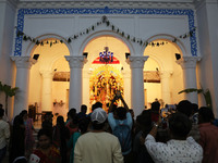 People visit a heritage house during the Durga Puja festival in Kolkata, India, on October 10, 2024. The annual Durga Puja festival is one o...