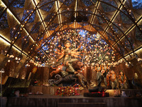 A Hindu goddess Durga is pictured inside a ''pandal'' or temporary platform during the Durga Puja festival in Kolkata, India, on October 10,...