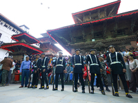 Nepal's Gurju Paltan stands guard ahead of the Phulpati procession in Kathmandu, Nepal, on October 10, 2024. (