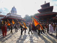 The Nepal Army band parades through the Kathmandu Durbar Square as they start the Phulpati procession in Kathmandu, Nepal, on October 10, 20...