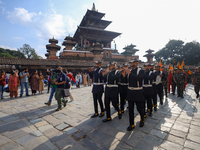 The Nepal Army band parades through the Kathmandu Durbar Square as they start the Phulpati procession in Kathmandu, Nepal, on October 10, 20...