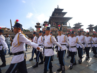 The Nepal Army band parades through the Kathmandu Durbar Square as they start the Phulpati procession in Kathmandu, Nepal, on October 10, 20...