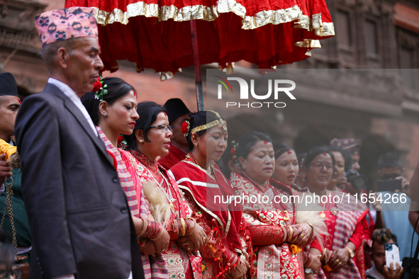 A chorus sings Malashree Dhun during the Phulpati procession in Kathmandu, Nepal, on October 10, 2024. 