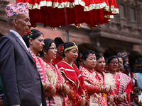 A chorus sings Malashree Dhun during the Phulpati procession in Kathmandu, Nepal, on October 10, 2024. (