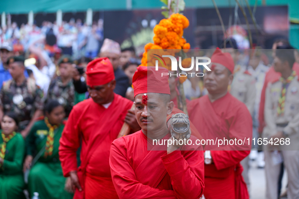 A palanquin containing the Phulpati, an assortment of flowers, leaves, and fruits of different plants considered auspicious and anointed at...