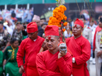 A palanquin containing the Phulpati, an assortment of flowers, leaves, and fruits of different plants considered auspicious and anointed at...