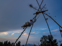 People play on a traditional bamboo swing during the Dashain festival in the outskirts of Kathmandu, Nepal, on October 10, 2024. (