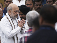 India's Home Minister Amit Shah arrives to pay tribute to the mortal remains of Indian industrialist Ratan Tata at the National Centre for t...