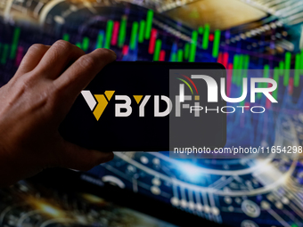 In this photo illustration, the BYDFI logo is seen displayed on a smartphone screen against a computer screen displaying a stock market grap...