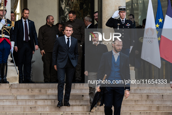 French President Emmanuel Macron and Ukrainian President Volodymyr Zelensky are at the Elysee Palace during the first bilateral summit of Ze...