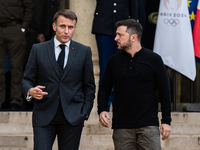 French President Emmanuel Macron and Ukrainian President Volodymyr Zelensky are at the Elysee Palace during the first bilateral summit of Ze...