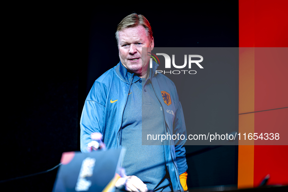 Netherlands trainer Ronald Koeman speaks during the press conference at the Puskas Arena for the UEFA Nations League season 2024-2025 in Bud...