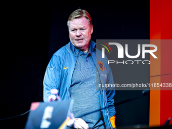 Netherlands trainer Ronald Koeman speaks during the press conference at the Puskas Arena for the UEFA Nations League season 2024-2025 in Bud...