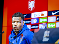 Netherlands defender Denzel Dumfries attends a press conference at the Puskas Arena for the UEFA Nations League season 2024-2025 in Budapest...