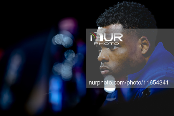 Netherlands defender Denzel Dumfries attends a press conference at the Puskas Arena for the UEFA Nations League season 2024-2025 in Budapest...