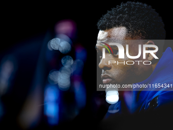 Netherlands defender Denzel Dumfries attends a press conference at the Puskas Arena for the UEFA Nations League season 2024-2025 in Budapest...