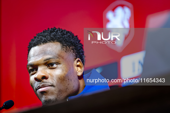 Netherlands defender Denzel Dumfries attends a press conference at the Puskas Arena for the UEFA Nations League season 2024-2025 in Budapest...