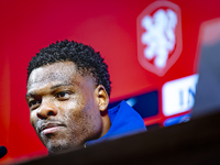 Netherlands defender Denzel Dumfries attends a press conference at the Puskas Arena for the UEFA Nations League season 2024-2025 in Budapest...